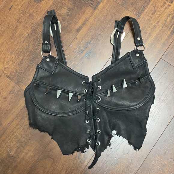 Svaeria Tops - Black Genuine Leather Spiked Bustier